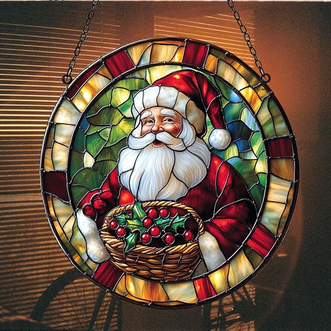 Santa Claus Acrylic Suncatcher Stained Glass Effect Window Car Hanging Christmas Ornament Indoor Outdoor Decor Garden Sun Catcher Panel for Christmas Lover for Women Mom Grandma
