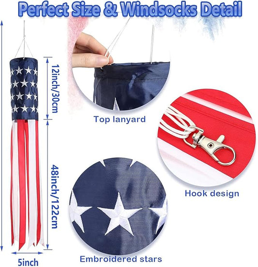 2Pack American Flags Windsock 60Inch Patriotic Decor 4th of July Windsocks with Embroidered Stars Wind Socks Hanging USA Flag Windsock Decoration for Outside Décor Memorial Day,Presidents Day