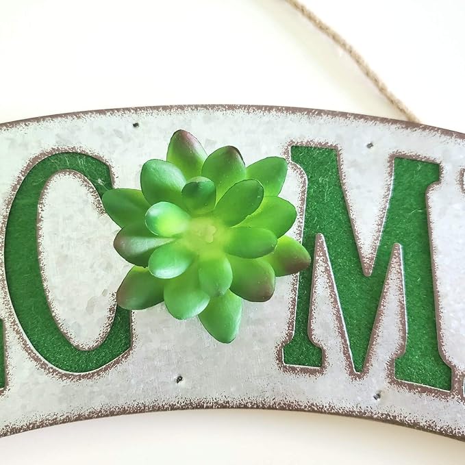 Rustic Farmhouse Welcome Sign Galvanized Metal Sign Green Lettering with 3-D Green Succulent Accent for Entrance, Porch, Patio, Wall Decor, Indoor/Outdoor