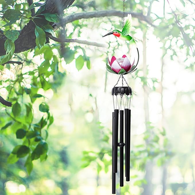 Taman Solar Wind Chime - 46" Hummingbird Solar Light with Lotus Crack Glass Ball Valentine's Day Gift for Outside Waterproof Decorative Memorial Gift, for Home, Outdoor, Yard, Patio,Garden Decor