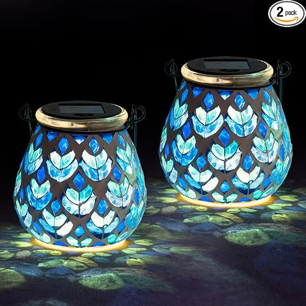 Stargarden 2Pack Mosaic Solar Lanterns, Blue Glass Hanging Lantern Waterproof Outdoor Hanging Solar Lights Table Lamp for Garden ,Patio,Yard Decor