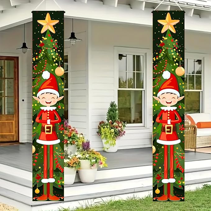 BlissYard Christmas Elf Door Banner 71x12 inch Christmas Tree Hanging Porch Banner Cute Holiday Decorations for Kids Front Door Xmas Party Fireplace Entryway Wall Decor Outdoor Sign
