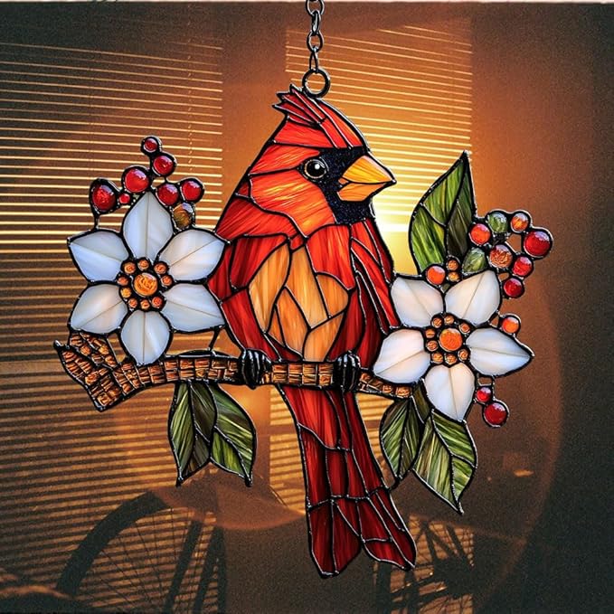 Red Cardinal Acrylic Suncatcher Stained Glass Effect Window Car Hanging Christmas Ornament Indoor Outdoor Decor Garden Sun Catcher Panel for Cardinal Lover for Women Mom Grandma