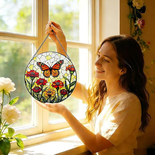 Stained Glass Window Hanging, 8 Inch Monarch Butterfly Suncatcher, Sun Catchers Indoor Window, Orange Wildflowers Suncatchers for Windows Hanging, Spring Home Garden Decor Panel Gifts for Women Mom