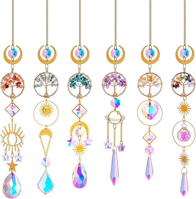 6 PCS Crystal Suncatchers for Window Hanging, Sun Catchers Indoor Window Garden Hanging with Crystals Prism Light Catcher,Tree of Life Crystal Suncatcher for Indoor Outdoor Home Garden Party Decor