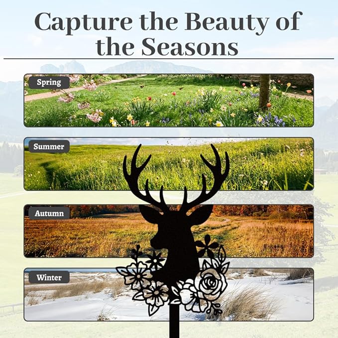 WADORN Deer Head Flowers Metal Decorative Garden Stakes, Black Outdoor Statues Silhouette Cute Deer Lover Gifts Animal Stakes Silhouette Ornaments for Yard Art Garden Patio Backyard Lawn Decors