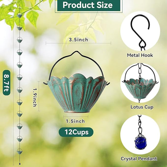 Rain Chains for Outside, 8.7FT Gutter Chain with 12 Lotus Cups Rain Catcher Chain Replacement Downspout for Gutters Eaves Drainage Decor, Bronze