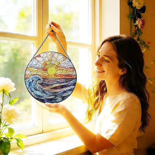 Stained Glass Window Hanging, 8 Inch Ocean Waves Suncatcher, Sun Catchers Indoor Window, Beach Suncatchers for Windows Hanging, Spring Home Garden Decor Panel Mothers Day Birthday Gift for Mom Grandma