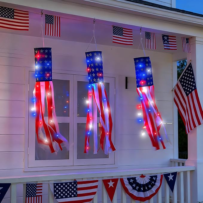 3 Pack 40" American Flag Windsock with Lights 4th of July Decorations, 250th Anniversary USA Red White Blue Star Stripes Patriotic Windsock Memorial Day Independence Day Fourth of July Outdoor Decor