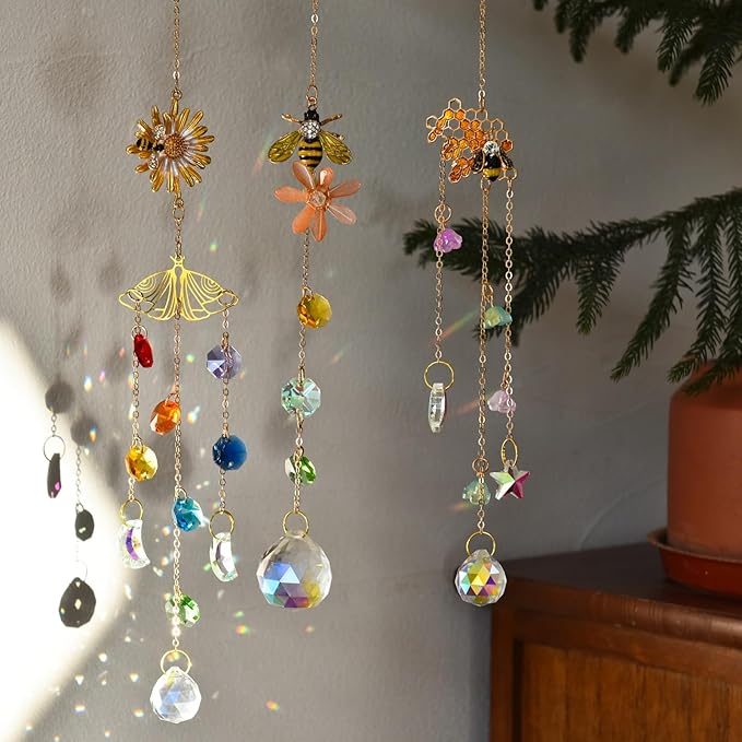 Crystal Suncatcher with Flower, Hanging Rainbow Maker with Colorful Prisms, Honeybee Suncatcher Gift, Window Ornament for Home, Garden, Patio Decor