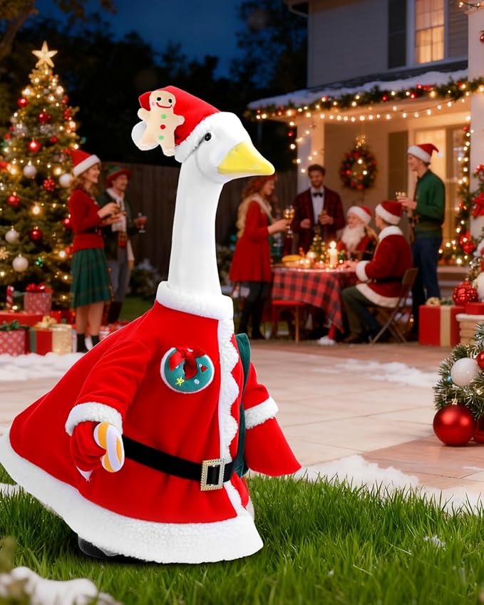 Christmas Porch Goose Outfit, 23" Cement or Plastic Goose Statue Costume, Porch Goose Outfits for Patio, Yard & Garden, Cozy Holiday Décor Adds Cheer with Cute Christmas Hat