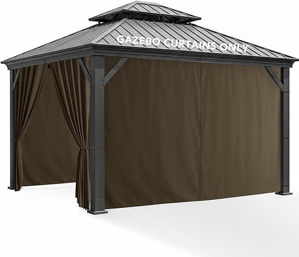 Gazebo Curtains Outdoor Waterproof - 10'Wx12'Lx7.9'H Gazebo Universal Replacement Privacy Curtains, 4 Panels Sidewall Drapes with Zipper for Patio Pergola Garden Backyard, Brown