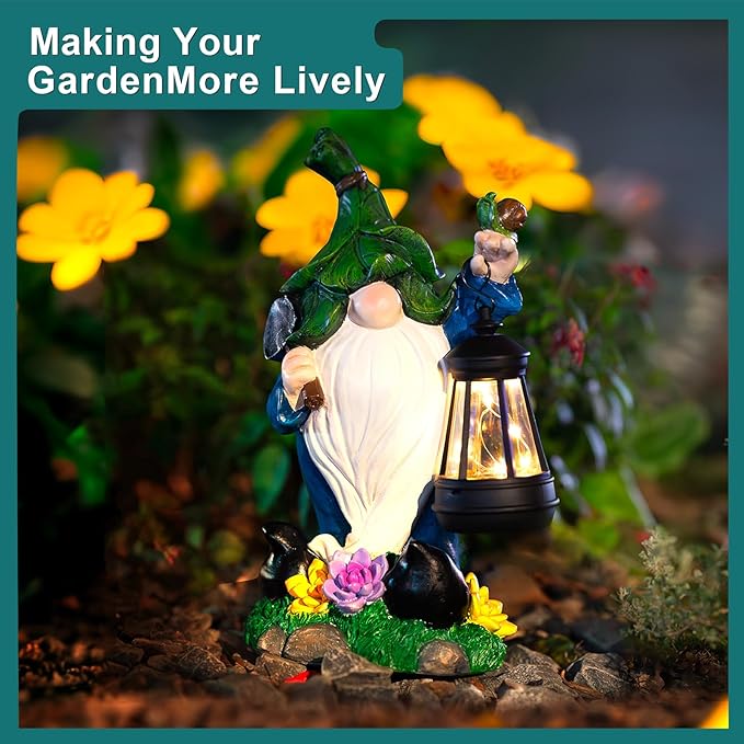 ZQQLITE Solar Garden Gnome Statue – Outdoor Decorations Funny Leprechaun Figurine with LED Lantern Waterproof Resin Leaf Hat Dwarf Sculpture for Patio Lawn Yard Art and Housewarming Gift