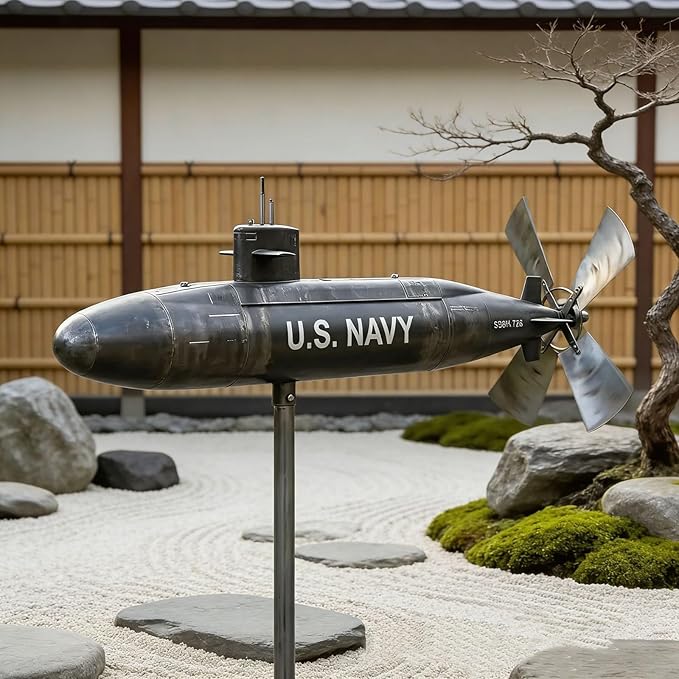 Metal Submarine Wind Spinner, U.S. Navy Style Garden Windmill, 360° Rotating Wind Sculpture for Yard, Patio, Lawn, Outdoor Decor, Veteran Gift