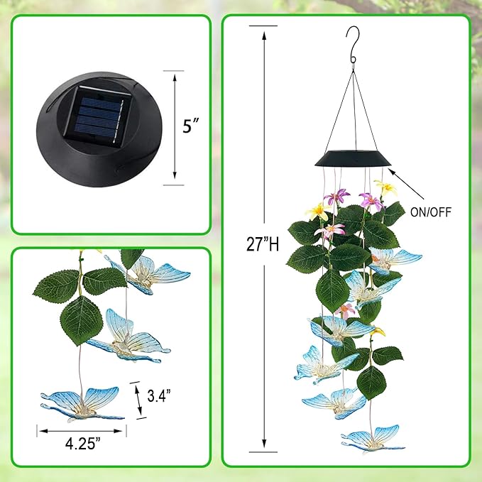 Butterfly Solar Wind Chimes Outside,Color Changing Solar Lights Dangler Mobiles for Outdoor,Hanging Decoraition for Patio,Porch,Yard,Gifts for Women