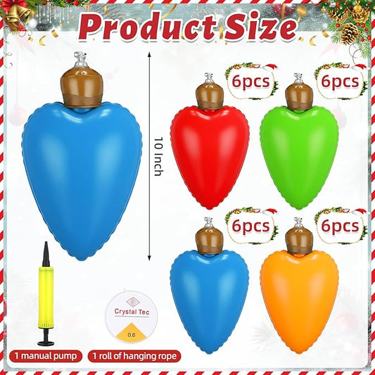 24 Pcs 10 Inch Inflatable Christmas Light Bulbs Ornaments Inflatable Christmas Ball Decorations Xmas Large Blow up Light Bulb Outdoor Indoor for Yard Lawn Tree Hanging Porch Garden Home