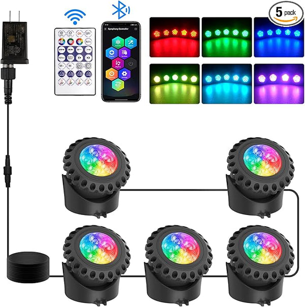 T-SUN Colored Pond Lights with APP and Remote Control – Bright LED Underwater Light Submersible Fountain Lights, IP68 Waterproof Landscape Lighting for Garden Koi Ponds Aquarium (Set of 5)