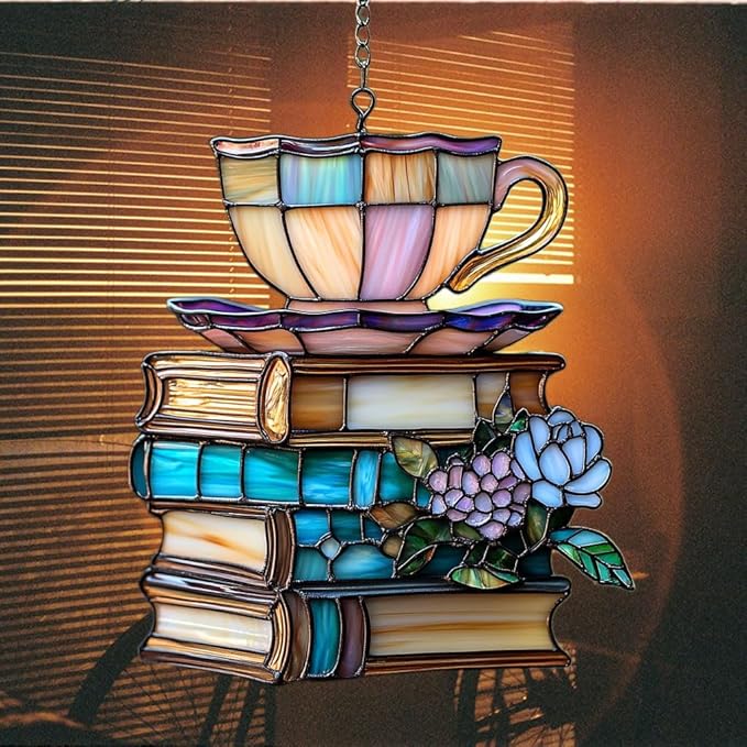 Flowers Book and Tea Acrylic Suncatcher Stained Glass Effect Window Car Hanging Christmas Ornament Indoor Outdoor Decor Garden Sun Catcher Panel for Book Lover for Women Mom Grandma