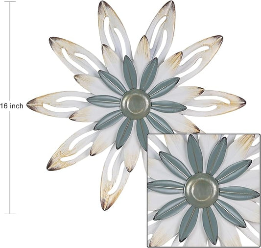 hogardeck Metal Flower Farmhouse Wall Decor, 16" Large Floral Metal Blue White Wall Art for Indoor Outdoor, Boho Wall Decor for Bathroom, Living Room, Kitchen, Bedroom, Porch, Garden, Yard