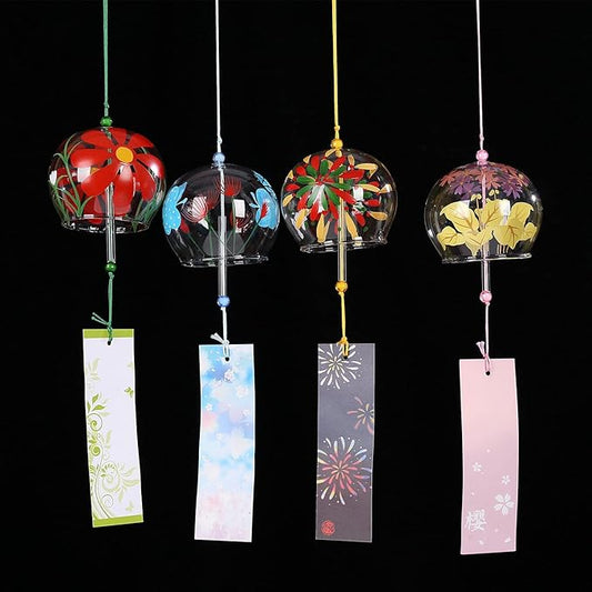 Falytemow Japanese Wind Chimes Romantic Flowers Small Wind Bells Handmade Glass Japanese Style Pendant for Birthday Present Home Decors (Yellow Flower, Chrysanthemum, Butterflies, Fireworks, 8 cm)
