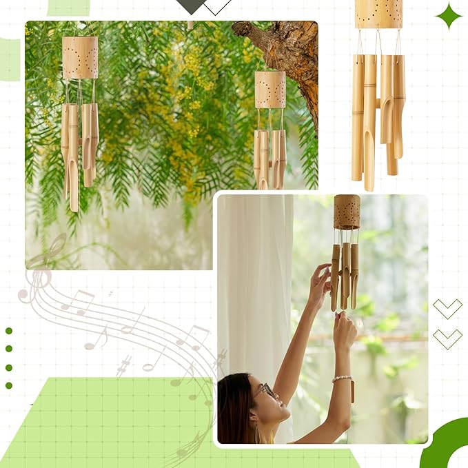 Bamboo Wind Chimes with Solar Accent Light, Outdoor Wooden Wind Chimes 6 Bamboo Tubes, Deep Tone, Hanging Solar Windchimes for Patio Garden Yard Porch Balcony Decor, 35 x 3.5 Inches