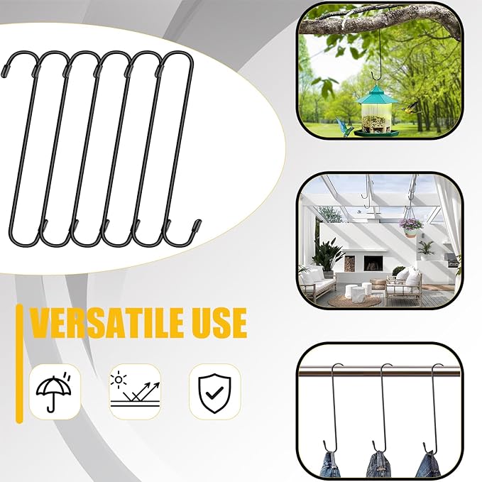 Dpyrrhic 6 Pack 14 Inch Black Extra Matel Heavy Duty Hook for Hanging Plants,Large S Hooks for Hang Brsket,Bird House,Clothes,Kitchenware,Garden,Patio