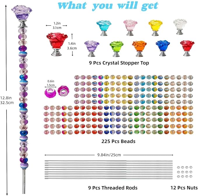 255Pcs Fairy Garden Accessories Outdoor Kit for Different Holidays, 12IN Fairy Wand Garden Stake Beads Kits with 225 Large Hole Beads, Beaded Garden Stake Kit (Crystal Flower)