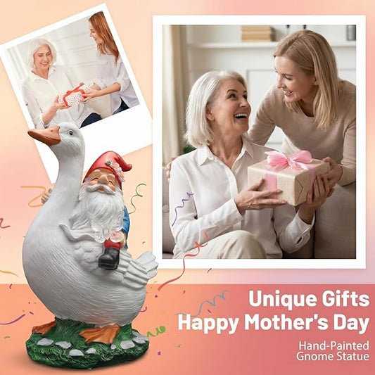Garden Gnomes Outdoor, Funny Lawn Gnome Statue Decorations, Solar Gnome Riding Goose Figurines Ornament for Patio, Balcony, Yard - Mothers Day Gifts for Women, Mom, Grandma