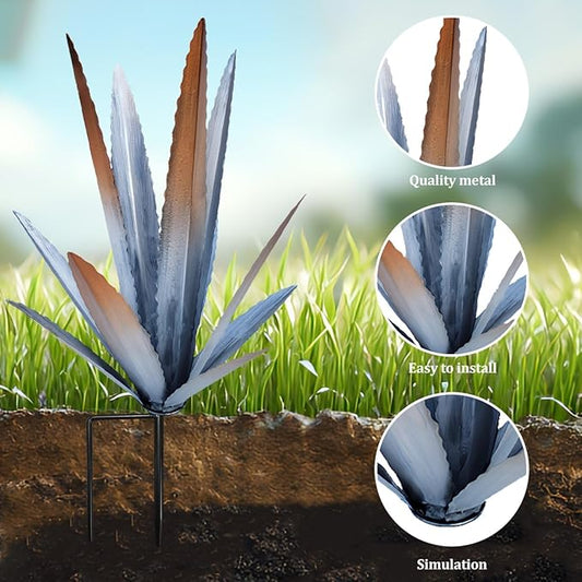 Large Tequila Rustic Sculpture, Wind Resistant Metal Agave Plants Garden Art for Outdoor Home Decor, DIY Hand Painted Metal Agave Yard Sculpture Statue Garden Lawn Ornament Gift (1, Silver)