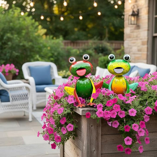 Metal Garden Decor for Outside Set of 2 Cute Small Frogs - OutdoorGarden Sculptures & Statues, Patio Lawn Backyard Fence Porch Decor, Metal Yard Art Ornaments, Garden Gifts for Mom Women Grandma