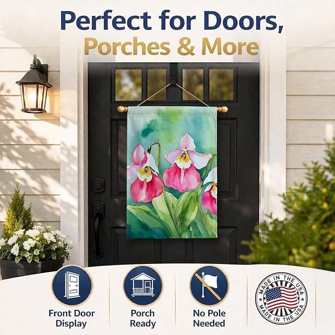 Caroline's Treasures Minnesota Pink and White Lady�s Slippers in Watercolor House Flag Large Porch Sleeve Pole Decorative Outside Yard Banner Artwork Wall Hanging, Polyester, House Size, Multicolor