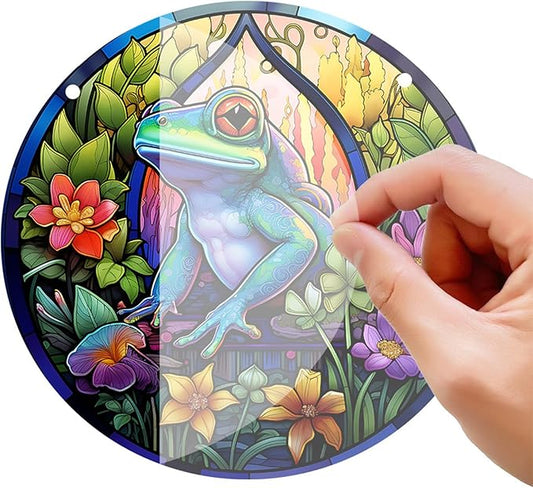 Stained Glass Window Hanging, Green Frog Flower Sun Catchers Colorful Glass Panel Cute Suncatcher Decor for Birthday for Women, Men, Wife, Aunt, and Mom 5.9x5.9 in