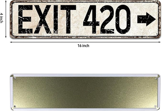 Vintage Metal Tin Sign for Trippy Room Decor, Retro Exit 420 Street Signs Cool Grunge Accessories and Outdoor Decorations 4x16 Inch