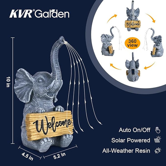KVR Solar Elephant Statue with Welcome Sign, Outdoor Garden Decor with Warm White Steady-On String Lights, Waterproof Resin Figurine for Front Porch, Patio, Yard, Housewarming Gift