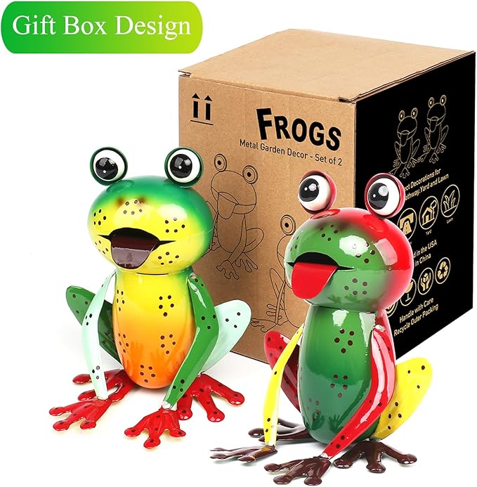 Cruis Cuka Metal Garden Decor Yard Art for Outside Set of 2 Cute Frogs Lawn Patio Ornaments Backyard Decorations Garden Gifts - (Yellow,Green)