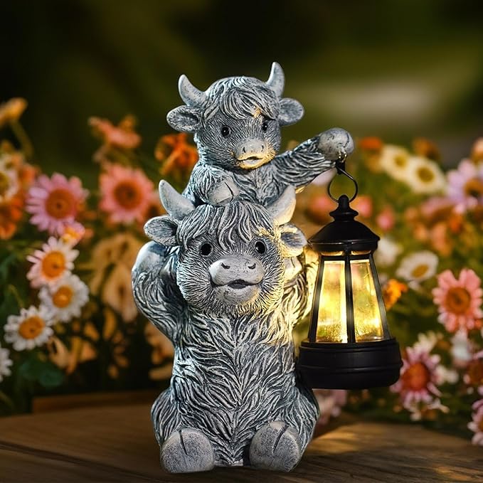 Solar Highland Cow Garden Decor - Resin Cow Statue with Solar Lantern Outdoor Yard Patio Decor - Ideal Gifts for Women,Mom Men (Grey)