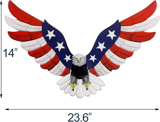 Adroiteet American Eagle Patriotic decorations, Independence Day 4th of July Decoration Metal Wall Art, American Flag Bald Eagle Hanging Sculpture, Large Handmade Centerpiece for Indoor Bedroom Office Outdoor 23.6" x 14"