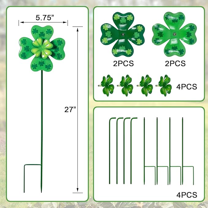 Wind Spinners Outdoor,4 Pack Shamrock Garden Stakes for Outside,Saint Patrick's Day Decorations,Metal Wind Spinner Yard Art for Patio,Lawn