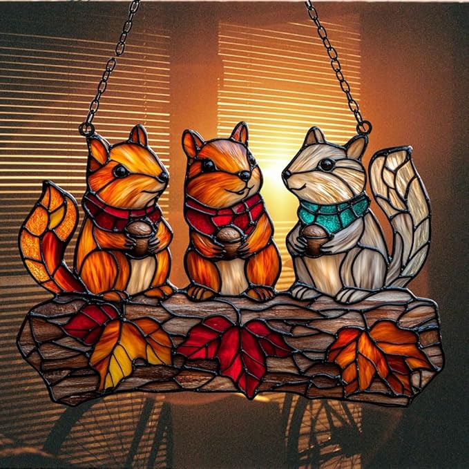 Autumn Squirrel Acrylic Suncatcher Stained Glass Effect Window Car Hanging Christmas Ornament Indoor Outdoor Decor Garden Sun Catcher Panel for Acrylic Suncatcher Lover for Women Mom Grandma