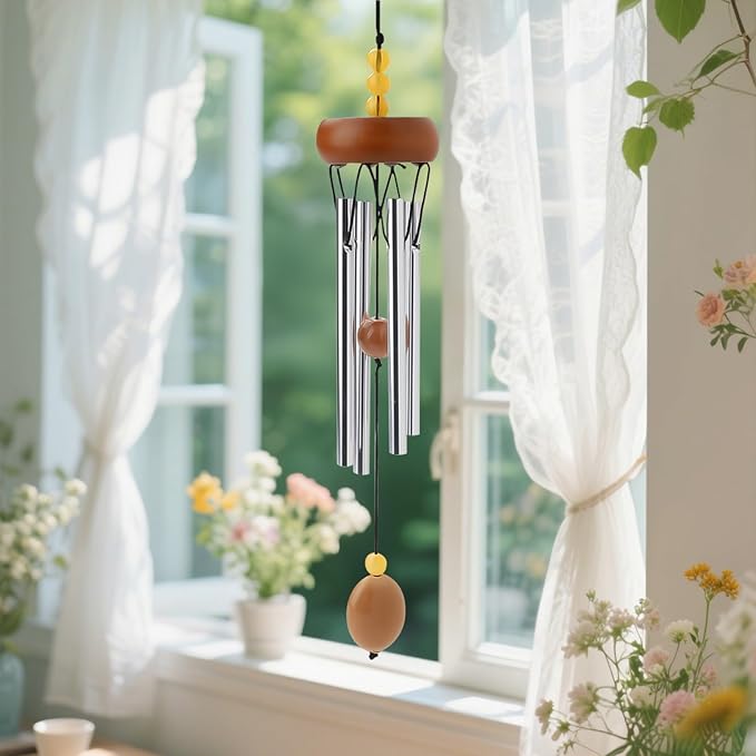 10.6'' Aluminium Mini Wind Chimes with 4 Rods, Memorial Wind Chimes for Outside Small Gifts Deep Tone Unique Garden Patio Hanging Home Decor Brown