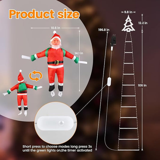 Christmas Ladder Lights with Santa Claus, 248 LED Rope Ladder Light, 8 Lighting Modes & 6H Timer, Waterproof Xmas Decorations Light for Indoor Outdoor, Yard, Porch, Wall, Christmas Tree Decor