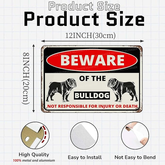 Beware Of The Dog Bulldog Sign Aluminum Metal Tin Signs Outdoor Yard Sign Warning Sign For Fence Yard Home Kitchen Farm Garden Wall Decor 8x12 Inch