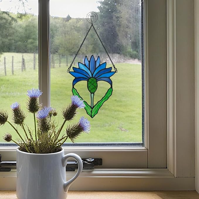 Scottish Thistle Flower Gifts Stained Glass Window Hanging,Fake Blue Flowers Decor Stained Glass Suncatcher,Artificial Flower Gift for Women Mom Grandma