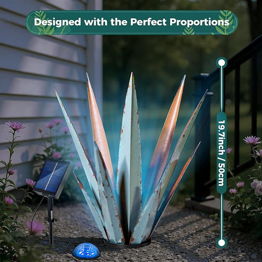 Solar Metal Agave Plant Garden Statue, Hand Painted Tequila Rustic Sculpture Outdoor Decor for Yard Patio Porch Lawn Courtyard Pond or Indoor Balcony Display