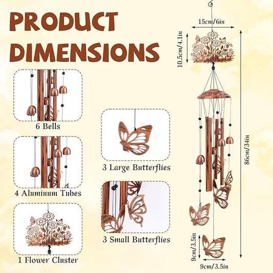 Wind Chimes for Outside, Butterfly & Flower Metal Wind Chimes with Aluminum Tubes for Garden Patio Yard Outdoors Home Decor Birthday Memorial & Housewarming Women Mom Gift Decoration