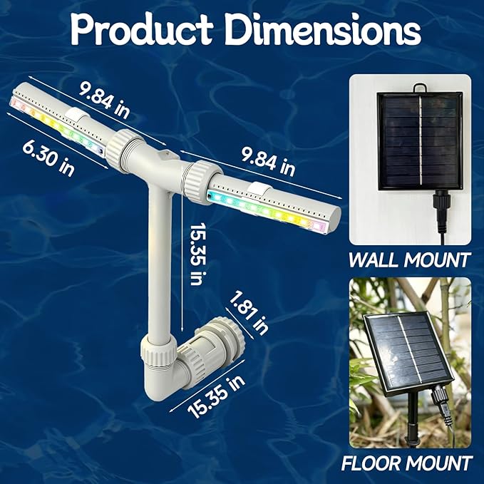 Above Ground Pool Waterfall, Solar Fountain, 11-Color Solar Pool Fountain with Lights, Dual Adjustable Spray, Auto Dusk Sensor, Floating Sprinkler for Inground Spas, Backyard & Outdoor Water Decor