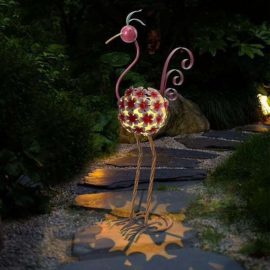 Afirst Solar Flamingo Outdoor Decor Metal Flamingo Figurine Light with Flowers Pink Flamingos Solar Sculptures & Statues for Yard Outdoor Lawn Decoration