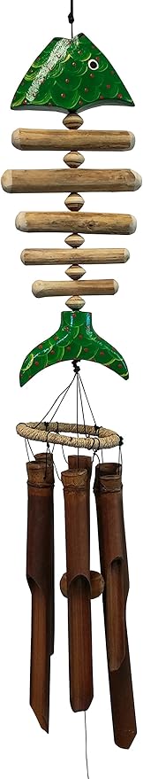Cohasset Gifts Bamboo Wind Chime | #105G | Green Bone Koi Bamboo Wind Chime | Wood, Outdoor, Home Décor for Decks, Garden, Porch | Hand Painted Green |
