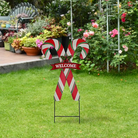 Christmas Candy Cane Garden Stake Decor, Metal Candy Cane Hanging Welcome Sign Outdoor Yard Sign Lawn Stake 27.5"H, Merry Christmas Yard Decor Xmas Holiday Decoration