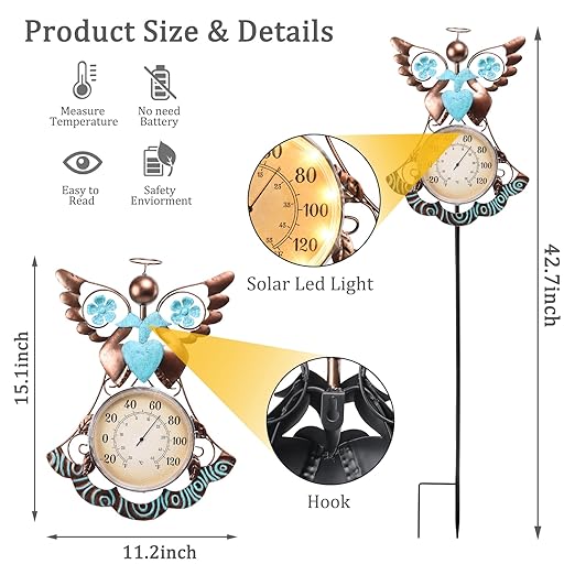 MUMTOP Outdoor Thermometers for Patio-Indoor Outdoor Wall Thermometer - Solar Led Light Angel Outside Decorative Temperature for Home or Garden Decor